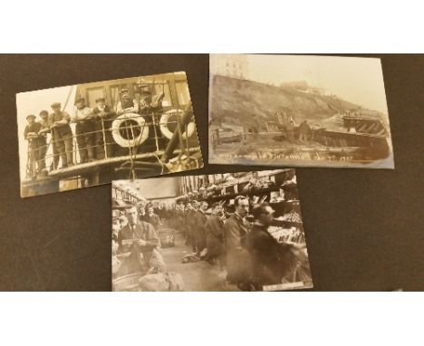 POSTCARDS, social history, inc. Southwold (Suffolk), High Tide 1938, cliff damage 1905 (reproduction photo); Grimsby, laying 