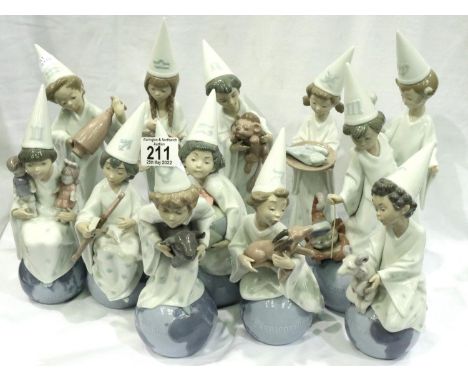 Collection of Lladro figurines, Zodiac Signs, largest H: 30 cm (12). Sagittarius bow has been poorly re attached to figurine,