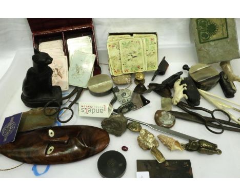Tray of mixed collectables including fossils, playing cards etc. P&amp;P Group 2 (£18+VAT for the first lot and £3+VAT for su