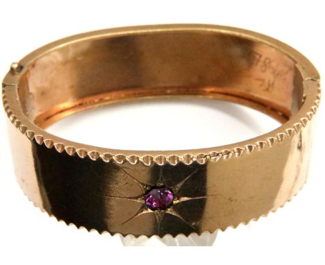 Gold plated cuff bangle set with a singular stone, D: 55 cm. P&amp;P Group 1 (£14+VAT for the first lot and £1+VAT for subseq