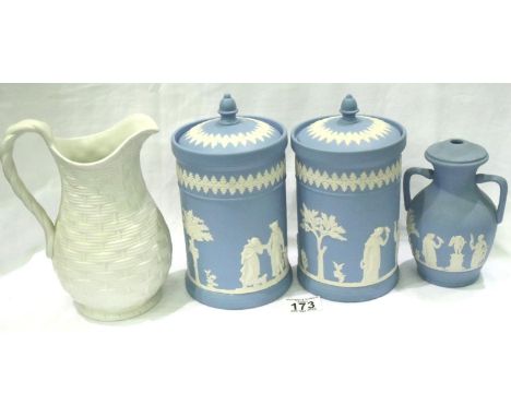 Pair of Dudson lidded powder blue Jasperware pots, each H: 21 cm, a limited edition Dudson jug and a lamp base. No cracks, ch