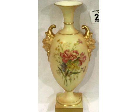 Royal Worcester twin handled vase with floral decoration, shade 1716, H: 21 cm. No cracks, chips or visible restoration. P&am