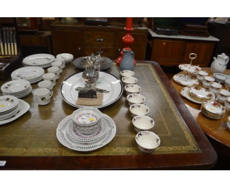 A large blue and white meat plate; a silver plated jug; a quantity of Masons ironstone cups; rose decorated bowls etc. 
