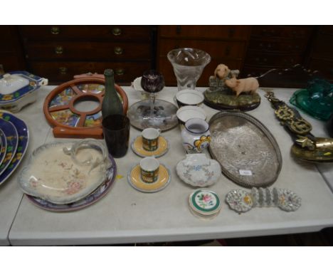 A silver plated tray; two Royal Doulton "Christmas" coffee cups and saucers; an amethyst hock glass; pig ornament etc. 
