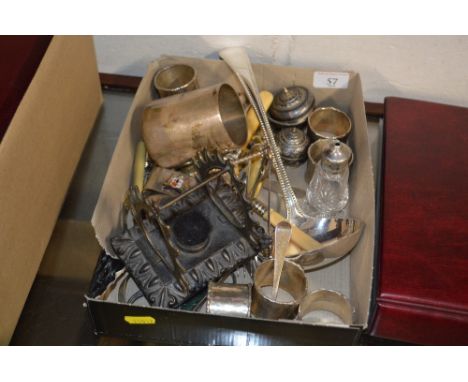 A tray of various metalware to include a large silver plated ladle, two small Eastern white metal and niello decorated pots, 