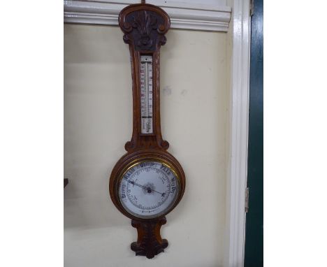 19thC carved oak aneroid barometer