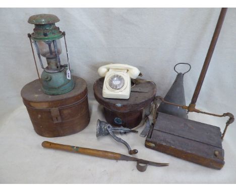 Vintage 'Ewbank Conquest' carpet sweeper, ivory colour GPO telephone, tilly lamp, mincer, hat tin etc.