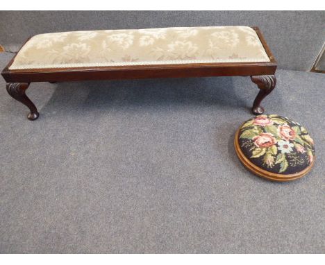Mahogany frame duet footstool and circular tapestry footstool (2)