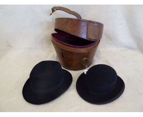 19thC leather hat case made at the Army and Navy Co-operative Society Ltd, includes Dunn &amp; Co trilby and 'The Colonel' bo
