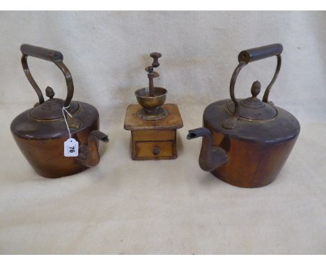 19thC large copper kettles and a coffee grinder (3)