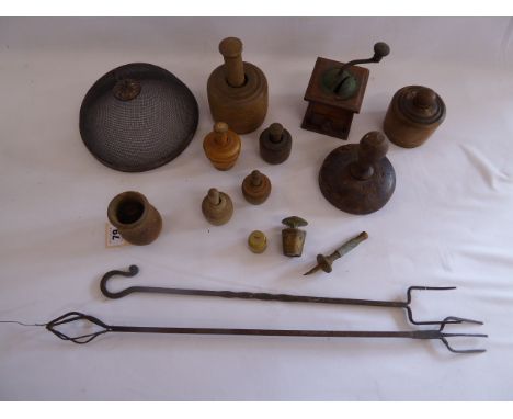 Kitchenalia - fruitwood butter presses, coffee grinder, wrought iron toasting forks etc.