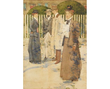 DAVID GAULD R.S.A. (SCOTTISH 1865-1936) ELEGANT FIGURES IN THE STREET, CHELTENHAM Signed and inscribed, pen and ink and water