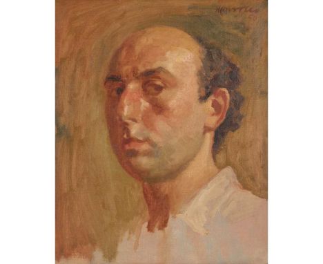 § ALBERTO MORROCCO R.S.A., R.S.W., R.P., R.G.I., L.L.D. (SCOTTISH 1917-1998) SELF-PORTRAIT Signed and dated '50, oil on canva