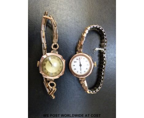 Two 9ct gold ladies wristwatches, one with Roman numerals on white enamel face, the other with Roman numerals on turned metal