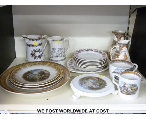 A collection of Prattware including an unusual Old Greek jug (uncoloured), footed teapot stand, Cyprus pattern plates, Duke o