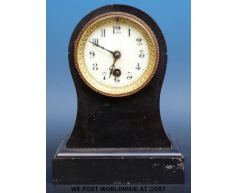 A Victorian mantel clock in balloon shaped case, ivory coloured dial with Arabic numerals and beetle and poker hands, 21cm ta