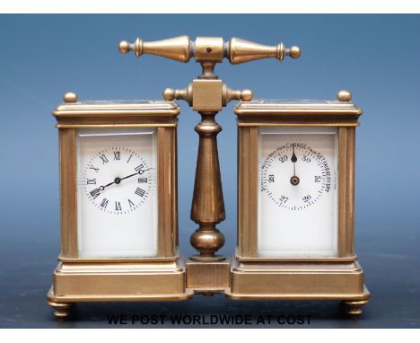 A brass cased miniature carriage clock and barometer compendium, 12cm wide