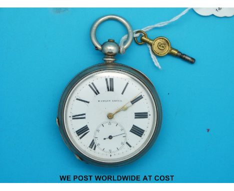 A white metal cased pocket watch marked to dial patent lever and to case fine silver, height including bow 8cm