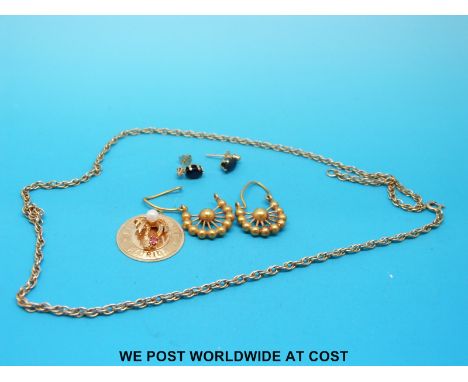 A 9ct gold necklace, 14ct gold pendant set with a ruby and pearl and two pairs of earrings 