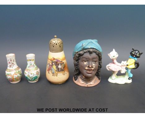 A Royal Doulton series ware sugar sifter, Goebel cats, Oriental vases and a tobacco jar