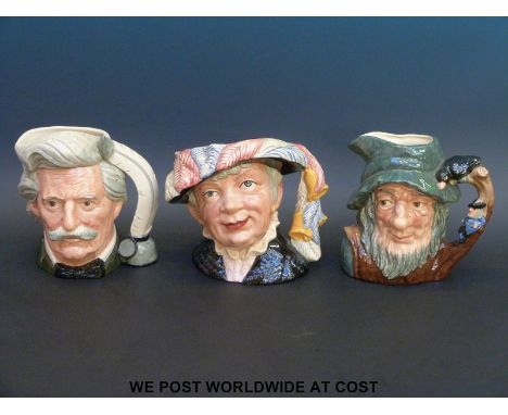 Royal Doulton large character jugs Mark Twain D6654, Pearly Queen D6789, and Rip Van Winkle D6438