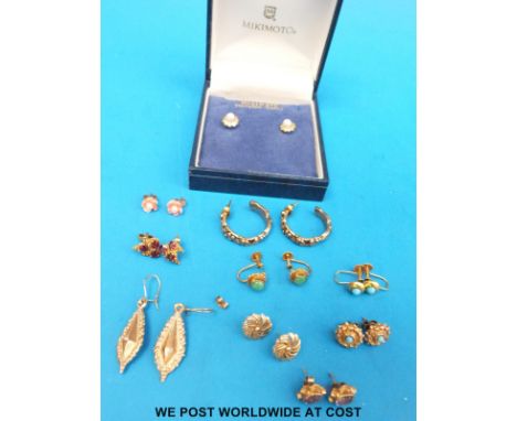 Six pairs of 9ct gold earrings including two pairs set with turquoise and a pair of 9ct gold and pearl earrings by Mikimoto  