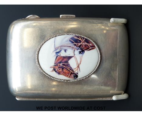 A George V hallmarked silver enamel cigarette case with horses on oval plaque to front, Birmingham 1919, maker John Rose, hei