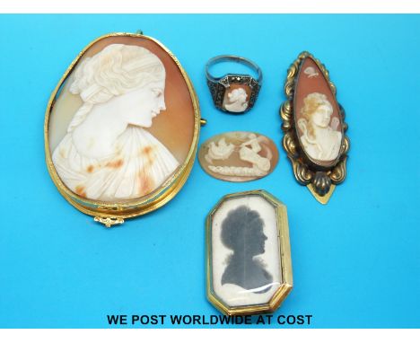 A large cameo of a young woman, a silver ring set with a cameo, a Victorian cameo depicting a young woman with a butterfly in