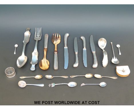 A quantity of hallmarked silver cutlery, silver napkin ring and a white metal spoon marked sterling (110g) together with a pa