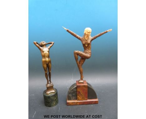 An Art Deco style dancer figure, height 32.5cm together with a bronze figure of a nude