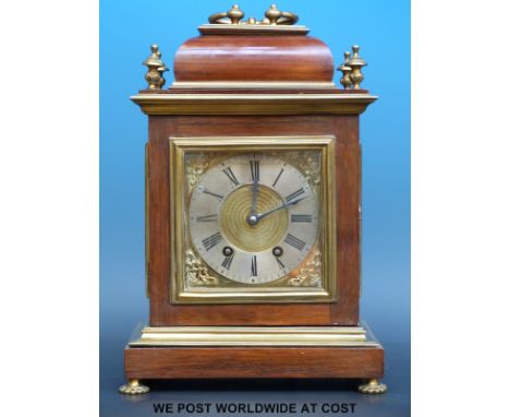 A 19thC or early 20thC mahogany and brass bracket clock, the dial with engine turned centre, silvered chapter ring and brass 