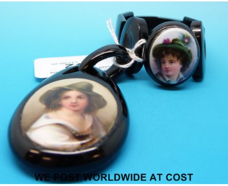 A jet bracelet and brooch set with two portrait miniatures 