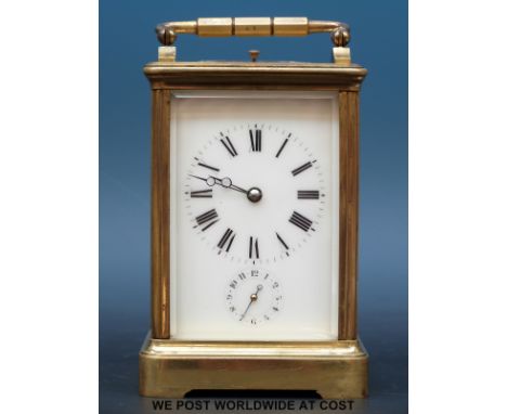 A Margaine half hour repeater and alarm carriage clock with white enamel dial and Breguet hands