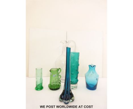 Six pieces of Whitefriars and other glassware, some with enamel decoration. 