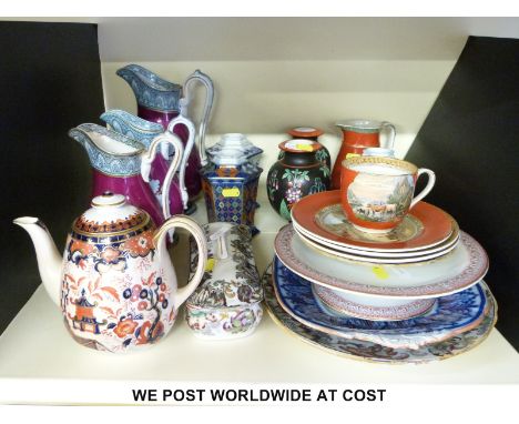 A collection of Prattware including a pair of vases, pair of chinoiserie tea canisters, jugs, Imari teapot, comport etc 