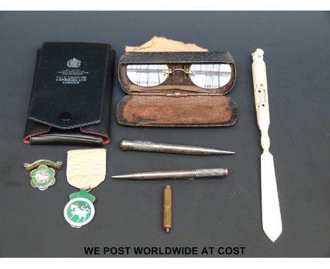 Two hallmarked silver S. Mordan and Co. propelling pencils, Isle of Wight bone stanhope in the form of a letter opener, vinta