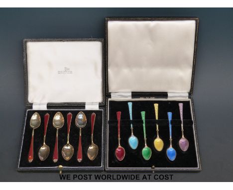 Two cased sets of hallmarked silver gilt and guilloche enamel spoons, one set Walker & Hall