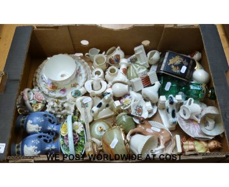 A collection of various ceramics including crested ware, onyx items and Goebel figures 