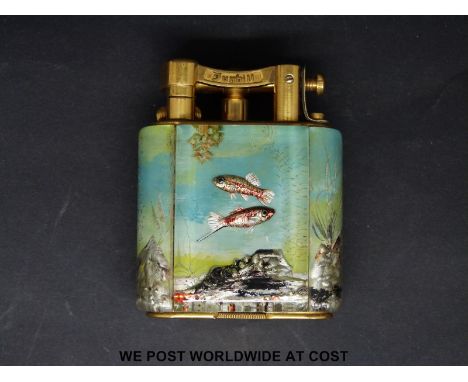 Dunhill Aquarium service size table lighter, the lucite panels intaglio decorated with a Japanese fighting fish to one side a