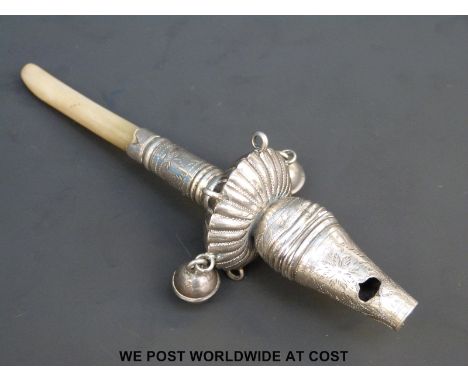 A Georgian hallmarked baby's rattle with mother of pearl handle, Birmingham 1823, maker's mark rubbed, length 13cm