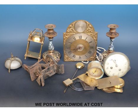 A quantity of clocks and movements to include a lantern clock with verge escapement, Mappin & Webb movement etc