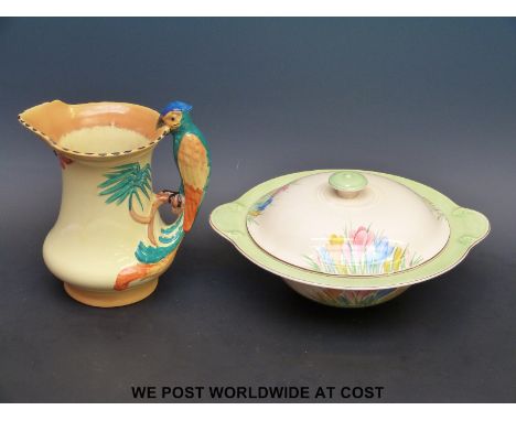 A Clarice Cliff Newport pottery Crocus pattern tureen and a Burleigh ware parrot jug 