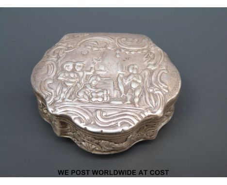 A Victorian hallmarked silver snuff box with shell back and allegorical scene to front, London 1891 with import mark, sponsor