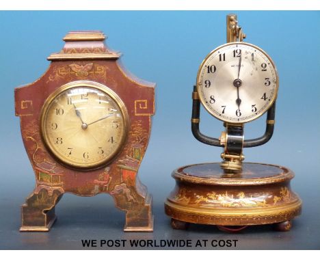 An Asprey chinoiserie red lacquer mantel clock (height 23cm) together with a similar style Boulle electric clock