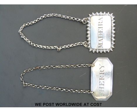 A Georgian hallmarked silver Madeira bottle ticket, Birmingham 1829 maker Joseph Willmore together with a plated sherry bottl