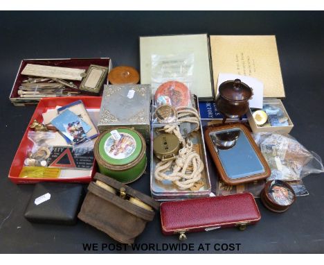 A quantity of collectables including badges, Rolls Royce engine plaque / plate, militaria, folding knife, compass etc