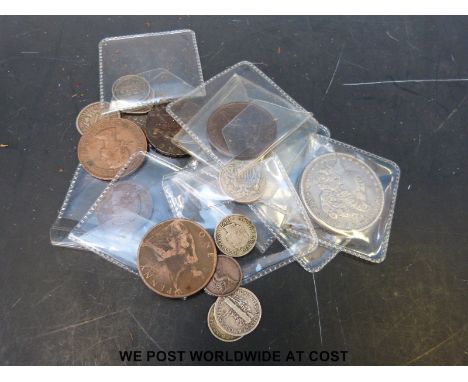 A small amateur collection of coins including 1900 Morgan dollar, other USA examples, some  silver content, 1790 John Wilkins