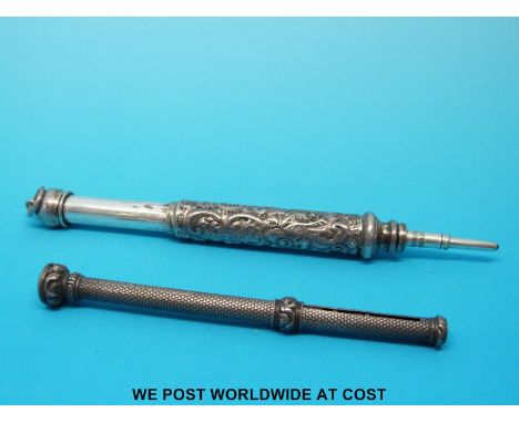 A hallmarked silver propelling pencil (marks rubbed) and another marked Mosley, London, with hardstone finial