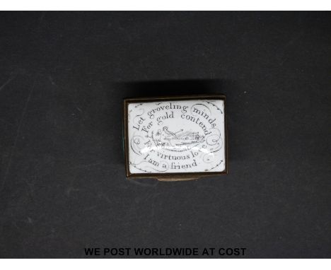 A Bilston enamel pill box with motto 'Let grovelling minds for gold contend, for virtuous love I am a friend' (length 4cm)