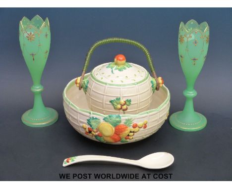 A Royal Staffordshire Clarice Cliff style biscuit barrel and salad bowl together with a pair of gilt green glass goblets